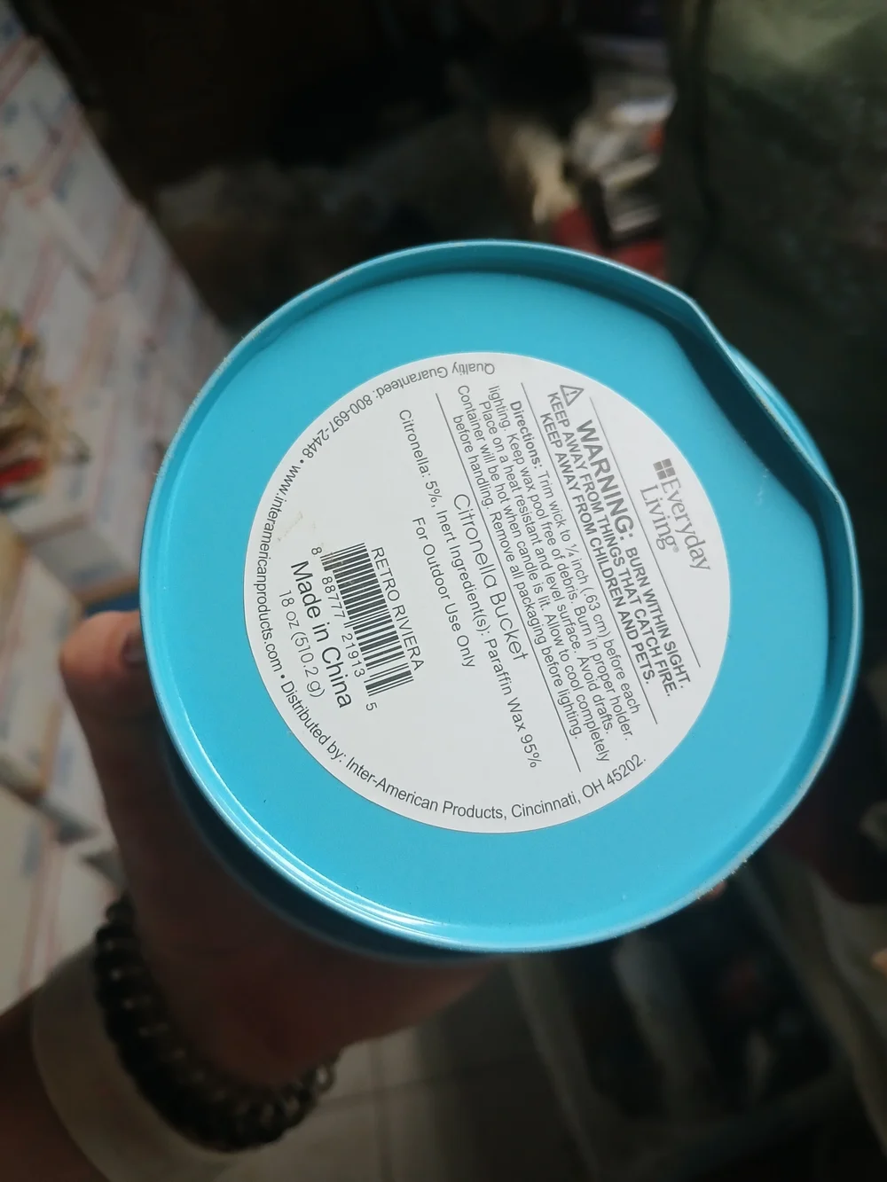 Everyday Living 18 Oz Citronella Bucket Candle Light Blue And White
